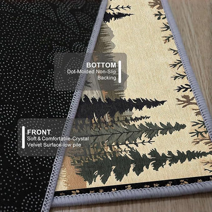 Vintage Bear Claw Fishing Boat Rug 3.3x7ft Elk Pine Forest Bohemian Carpet, Non-Slip Nursery Rug with Washable Surface, Brown Retro Floor Mat for Cabin Decor