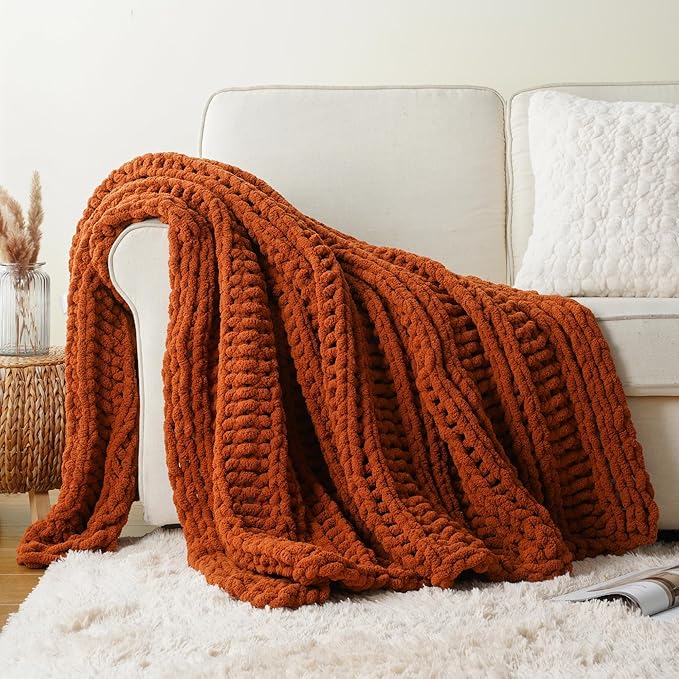 Battilo Orange Chunky Knit Throw Blanket for Couch, Fall Throw Blanket, Rust Throw Fall Decorations, Thick Warm Cozy Soft Chenille Throw Blanket for Sofa, Bed, Living Room, 50"x60"