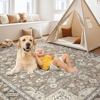 Vintage Living Room Area Rug 8x10 - Large Soft Washable Oriental Traditional Distressed Farmhouse Rugs for Bedroom - Indoor Floor Accent Carpet for Home Office House Decor - Brown