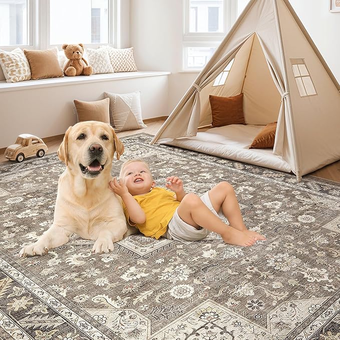 Vintage Living Room Area Rug 5x8 - Large Soft Washable Oriental Traditional Distressed Farmhouse Rugs for Bedroom - Indoor Floor Accent Carpet for Home Office House Decor - Brown