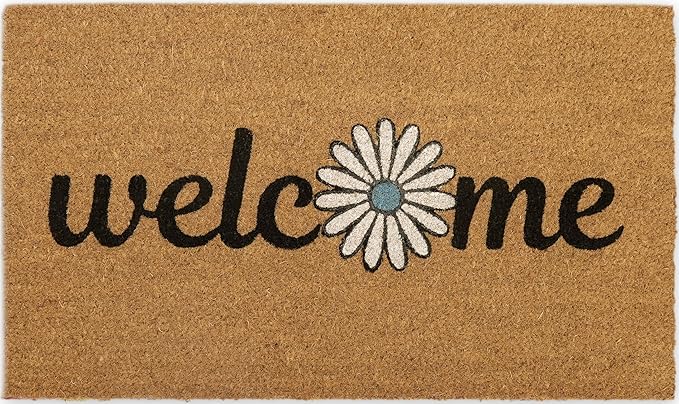Coir Door Mats 17" X 30", Non-Slip Sturdy, PVC Backed Heavy Duty, Easy to Clean, Ideal for Door Entrance, Patio, Porch, Backyard, Garages, Welcome with Blue Daisy