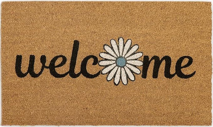 Coir Door Mats 17" X 30", Non-Slip Sturdy, PVC Backed Heavy Duty, Easy to Clean, Ideal for Door Entrance, Patio, Porch, Backyard, Garages, Welcome with Blue Daisy