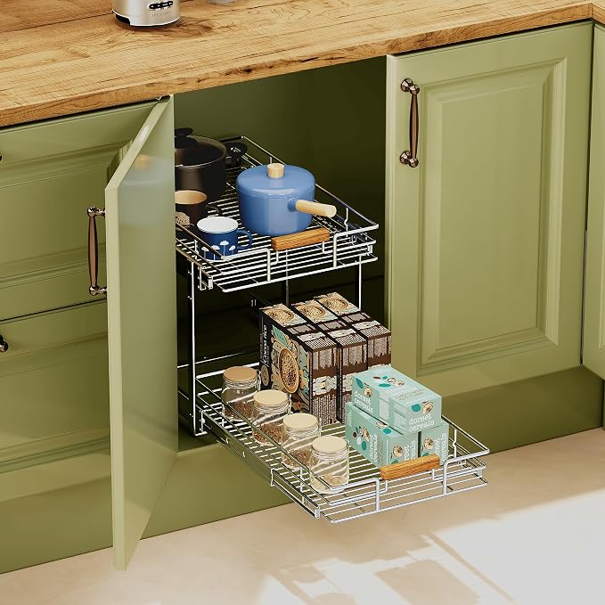Pull Out Cabinet Organizer, 2 Tier Wire Basket Slide Out Shelf Storage - Image 6