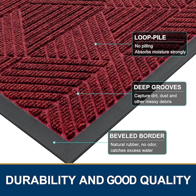Smiry Front Door Mat Outside Entrance, Heavy Duty Sturdy Natural Rubber Doormat, Trap Dirt and Moisture, Easy Clean Low Profile Mats for Indoor Outdoor Entry, Irregular Triangle (36x24, Deep Red)