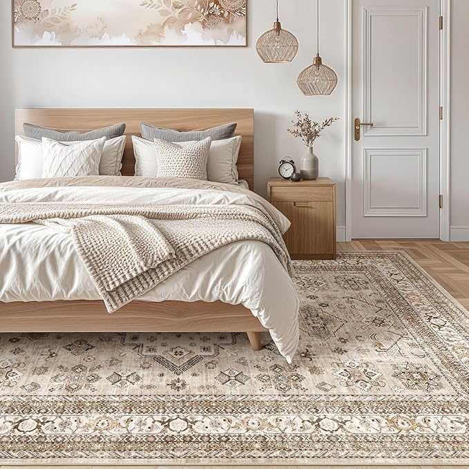 Vintage Living Room Area Rug 10x12 - Large Soft Washable Oriental Traditional Distressed Farmhouse Rugs for Bedroom - Indoor Floor Accent Carpet for Home Office House Decor - Beige