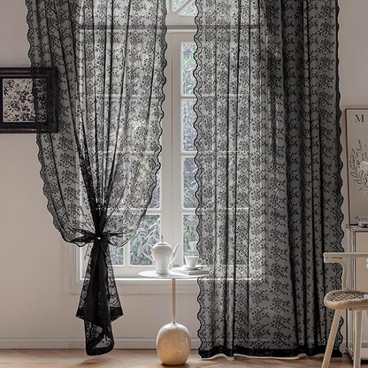 Anmao Vintage Lace Curtains 90 Inches Long 2 Panels Set, Romantic Elegant Light Filtering Semi Sheer Floral Thick Lacy Curtain Drapes for Living Room and Bedroom, Each Panel 55W x 90L, Black