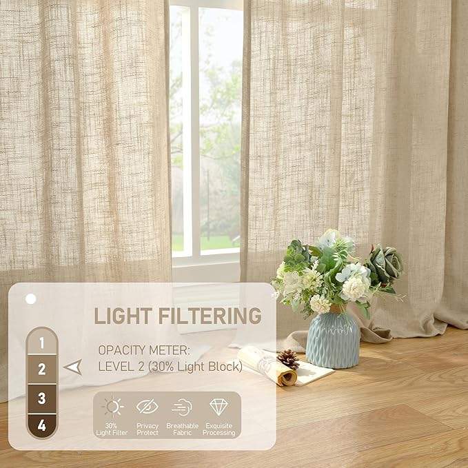 LAMIT 63 Inch Sheer Linen Window Curtains, Light Filtering Panels Back Tab and Rod Pocket Neutral Drapes for Bedroom/Living Room, Brown, 2 Panels, 34 x 63 Inch