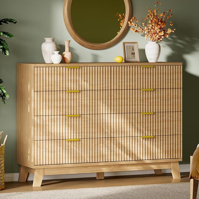 Fluted Dresser with 8 Drawers, Wooden Dresser TV Stand, Wood Closet Clothes by Xixini