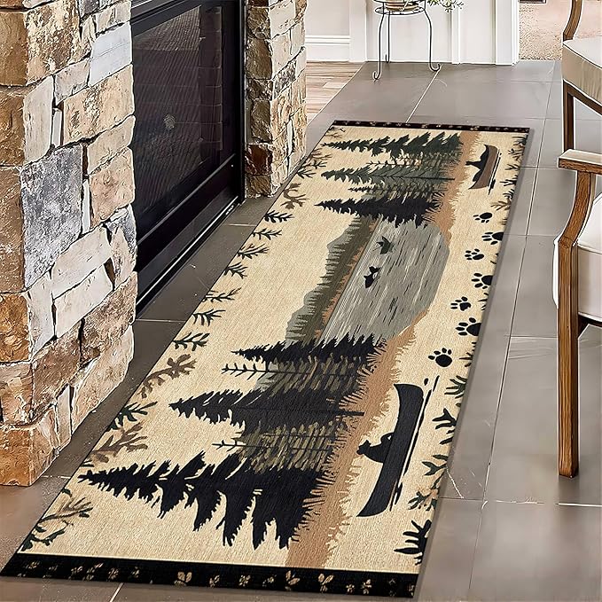 Vintage Bear Claw Fishing Boat Rug 3.3x7ft Elk Pine Forest Bohemian Carpet, Non-Slip Nursery Rug with Washable Surface, Brown Retro Floor Mat for Cabin Decor