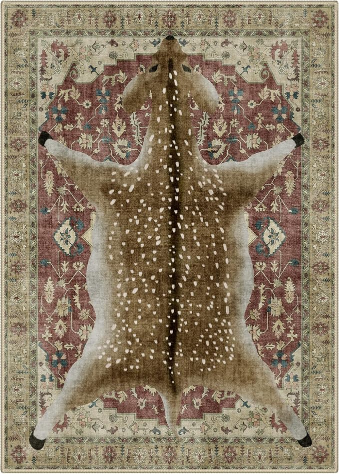 Bavni 5x7 Deer Rug, Machine Washable Animal Print Low Pile Boho Carpet - Image 8