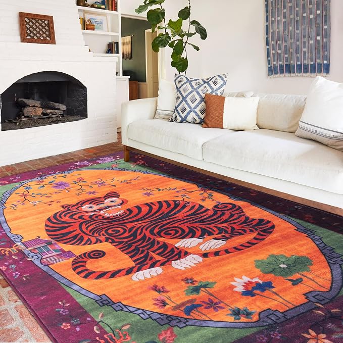 Vintage Tiger Rug Washable 6x9 Oriental Traditional Animal Print Fuchsia Floral - Image 7