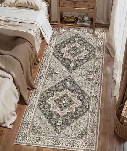 Tangsoo 2x6 Washable Runner Rug for Hallways, Non Slip Vintage Runner, Soft Low Pile Long Rug Runner, Print Distressed Grey Carpet Runners for Kitchen Bedroom Entryway Bathroom Living Room