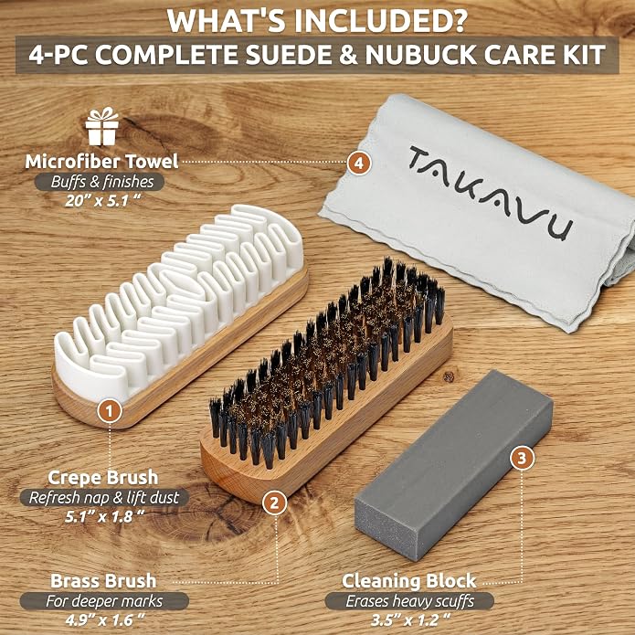TAKAVU Premium Suede & Nubuck Cleaning Brush Kit, Crepe & Brass Bristle Brush - Image 3