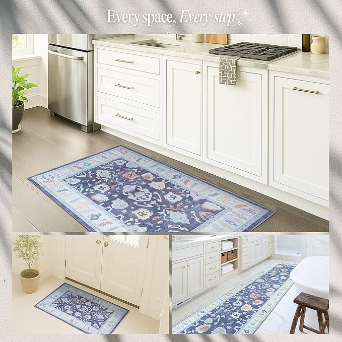 Fame Rugs Navy Blue Modern Oushak Rug 8x10, Vintage Turkish Colorful Oriental Washable Antique Inspired Large Area Rugs, Luxury Living Room Bedroom (388NB, 7'6 x 10')
