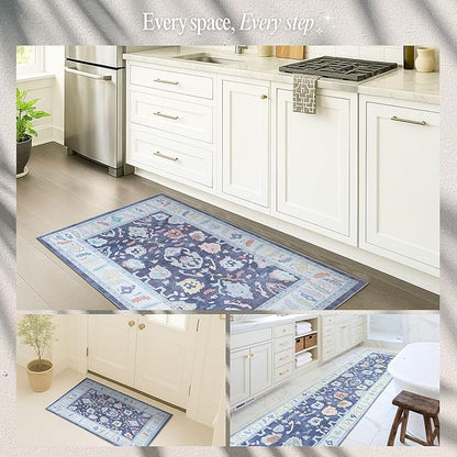 Fame Rugs Navy Blue Modern Oushak Rug 8x10, Vintage Turkish Colorful Oriental Washable Antique Inspired Large Area Rugs, Luxury Living Room Bedroom (388NB, 7'6 x 10')
