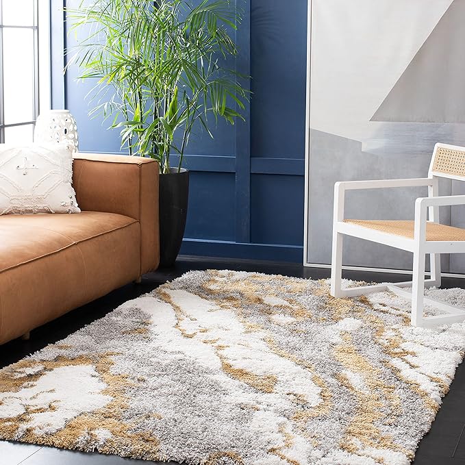 SAFAVIEH Horizon Shag Collection Area Rug - 9' x 12', Grey & Gold, Modern Abstract Design, Non-Shedding & Easy Care, 2.6-inch Thick Ideal for High Traffic Areas in Living Room, Bedroom (HZN890D)