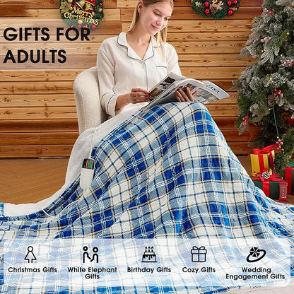 Electric Heated Blanket King Size, 90X100 Heating Blanket King With Dual Control&10 Heats Levels&Timer For Bed,Large Navy Blue Plaid Sherpa Blankets Warmer Gifts for Grandma Women Adults, Washable