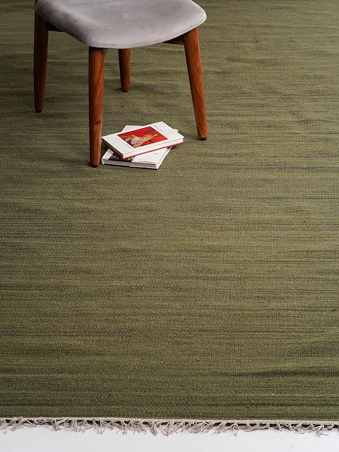 Rugsotic Carpets Hand Woven Flat Weave Kilim Wool 6'x9' Area Rug Solid Olive D00111