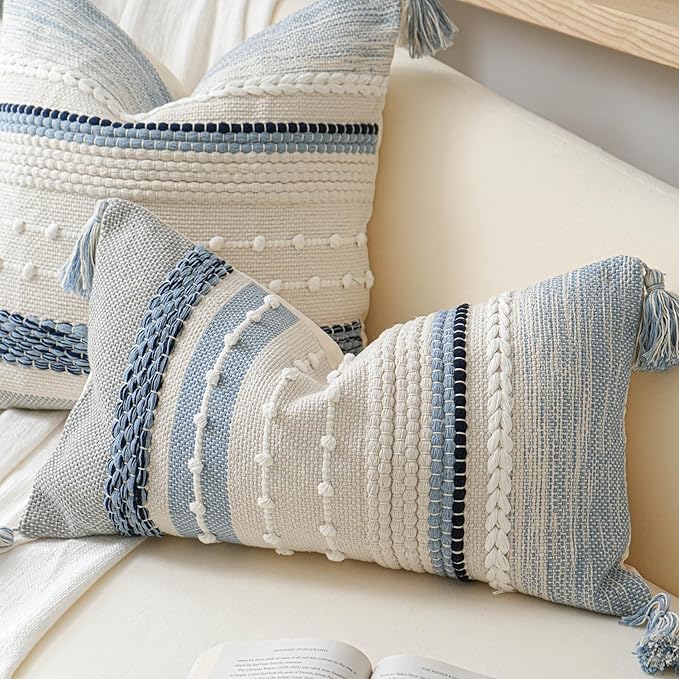 BlissBlush Coastal Blue Boho Decorative Throw Pillow Cover 22x22 Modern Bohemian Accent Pillow Case Square Woven Textured Farmhouse Pillows for Couch Bed (Pack of 1)