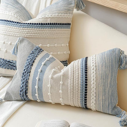 BlissBlush Coastal Blue Boho Decorative Throw Pillow Cover 22x22 Modern Bohemian Accent Pillow Case Square Woven Textured Farmhouse Pillows for Couch Bed (Pack of 1)