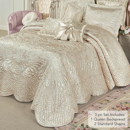 Touch of Class Portia Luxury Bedding | Soft Pearl | Premier Quilted Polyester Satin | Romantic Hand Guided Machine Quilted Scroll Design 3 Piece Set: Queen Oversized Bedspread and 2 Standard Shams