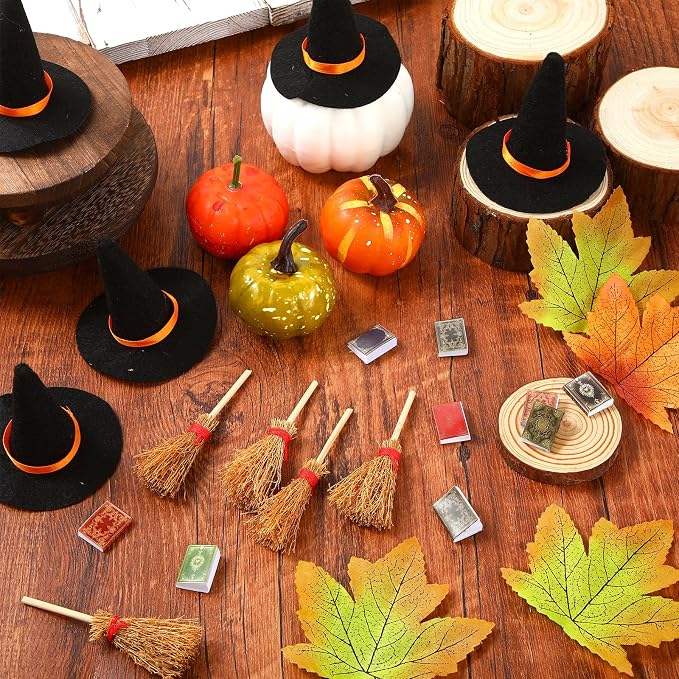 36 Pieces Mini Halloween Decorations 12 Mini Felt Witch Hats 12 Small Brooms 12 - Image 4