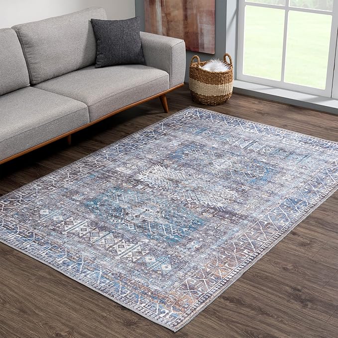 Bloom Rugs Washable 8' x 10' Rug - Slate Gray/Blue Traditional Area Rug for Living Room, Bedroom, Dining Room, and Kitchen - Exact Size: 8' x 10'