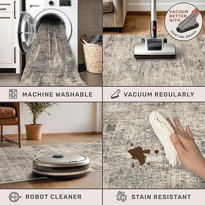 3x5 Entryway Rugs Indoor - Taupe Washable Farmhouse Area Rug for Bedroom, Kitchen, Laundry Room, Brown Vintage Home Décor, Low Pile & Soft Stain Resistant Carpet