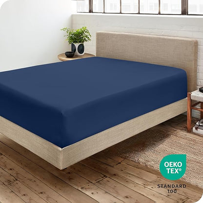 Bare Home Fitted Bottom Sheet Twin - Premium 1800 Microfiber - Ultra-Soft Wrinkle Free - Deep Pocket - Fitted Sheet (Twin, Dark Blue)