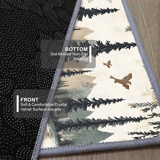 Retro Bear Claw Mountain Runner Rug 3.3x10ft with Elk Cabin - Non-Slip Bohemian Rug, Washable Floor Mat for Balcony Corridor, River Landscape Art