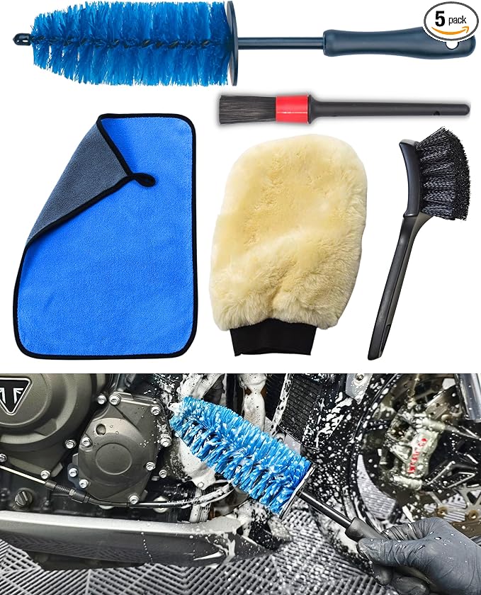 Motorcycle Cleaning Brush Kit, Easy Reach Brush, Wool Wash Mitt, Stiff Tire by OeSee
