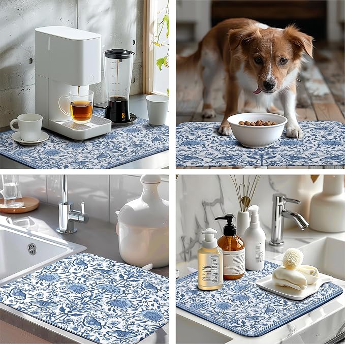 Blue Floral Dish Drying Mat for Kitchen Counter Boho Flowers Dishes Drainer - Image 7
