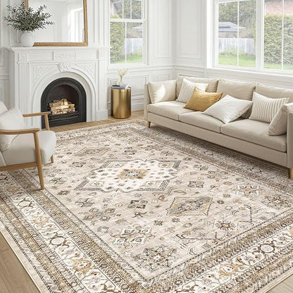 Vintage Living Room Area Rug 10x12 - Large Soft Washable Oriental Traditional Distressed Farmhouse Rugs for Bedroom - Indoor Floor Accent Carpet for Home Office House Decor - Beige