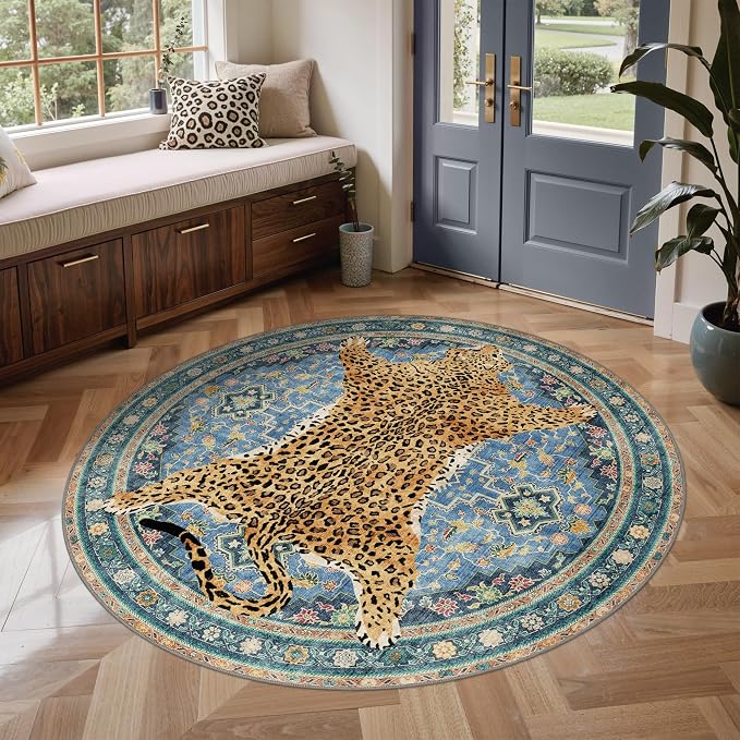 Bavni 4FT Leopard Round Rug, Machine Washable Cheetah Animal Print Low Pile - Image 2