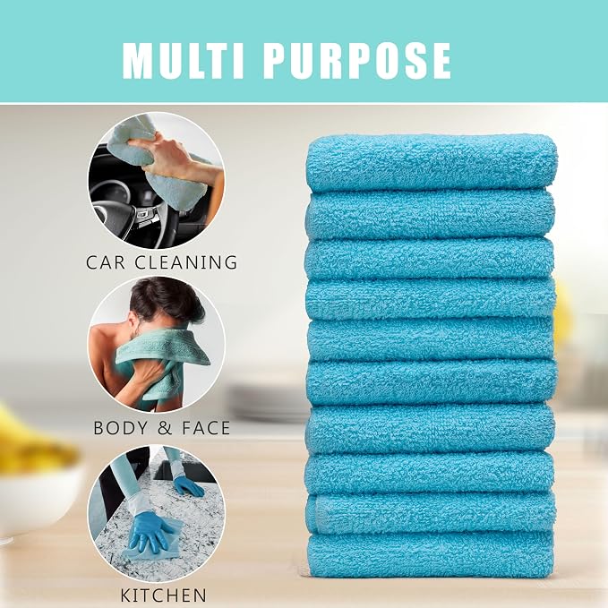 Textila Terry Wash Cloths – Pack of 10, Aqua Blue, 12x12 Inches – Soft - Image 5