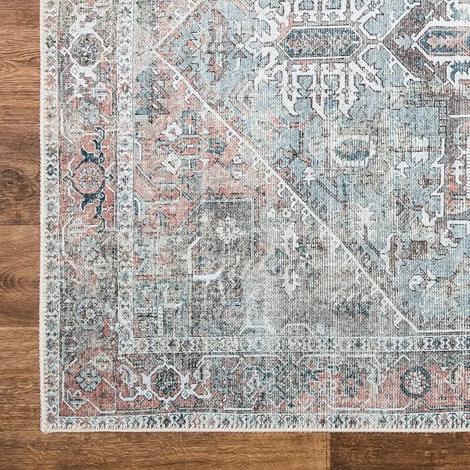 Bloom Rugs Washable Non-Slip 6' x 9' Rug - Light Pink/Light Blue Traditional Medallion Area Rug for Living Room, Bedroom, Dining Room, and Kitchen - Exact Size: 6' x 9'