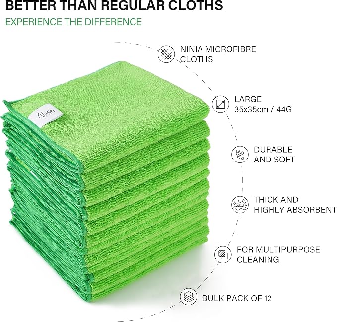 Ninia Microfiber Cleaning Cloths, 12 Pack Green 35x35cm, 350 GSM Thick & - Image 3
