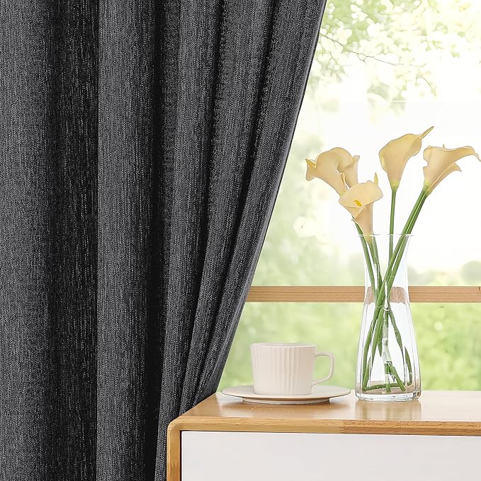 Simplebrand Black Semi Sheer Faux Linen Textured 120 Inches Long Curtains 2 Panels Set, Privacy Farmhouse Window Drapes for Living Room/Birthday Party/Hallway Window Guest Room, 10FT, 50 x 120 Inch