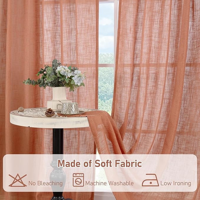 LAMIT Terracotta Linen Curtains for Bedroom, 84 Inch Length Light Filtering Semi Sheer Panels Back Tab and Rod Pocket Fall Decor Drapes for Living Room, 2 Panels, 34 x 84 Inch