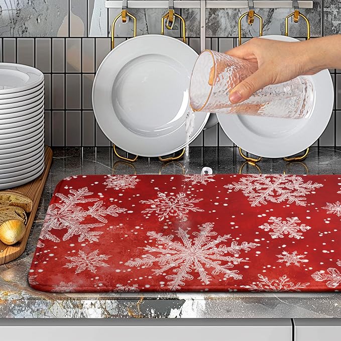 Christmas Dish Drying Mat for Kitchen Counter 18x24 Inch Red Snowflake Xmas - Image 5