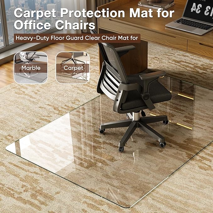 Antok Tempered Glass Chair Mat, 28"x48" Office Chair Mat for Carpet & Hardwood Floors, Heavy Duty 0.2" Desk Chair Mat for Smooth Rolling at Home or Office