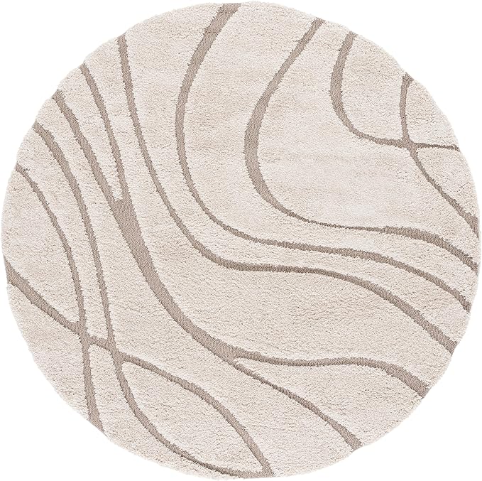 SAFAVIEH Florida Shag Collection 10' Round Cream/Beige SG471 Abstract Wave Non-Shedding Living Room Bedroom Dining Room Entryway Plush 1.2-inch Thick Area Rug