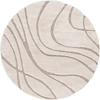 SAFAVIEH Florida Shag Collection 10' Round Cream/Beige SG471 Abstract Wave Non-Shedding Living Room Bedroom Dining Room Entryway Plush 1.2-inch Thick Area Rug