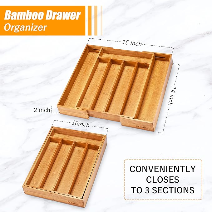 Bellsal Silverware Organizer Kitchen Drawer Organizer Expandable Bamboo Utensil - Image 2