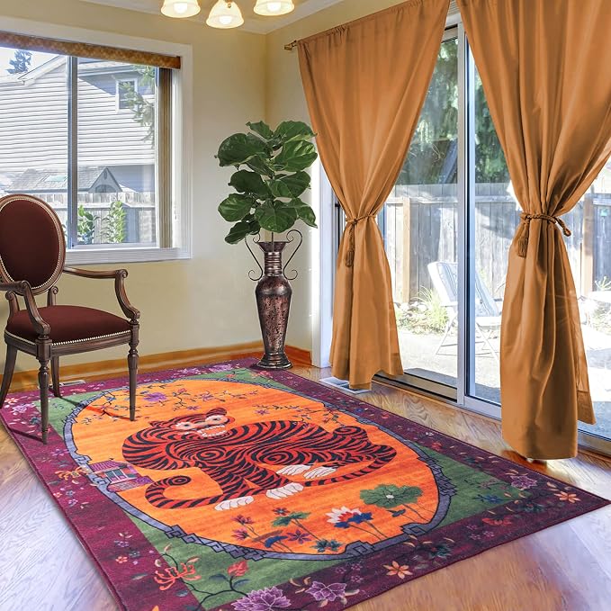 Vintage Tiger Rug Washable 5X7 Oriental Traditional Animal Print Fuchsia Floral - Image 3