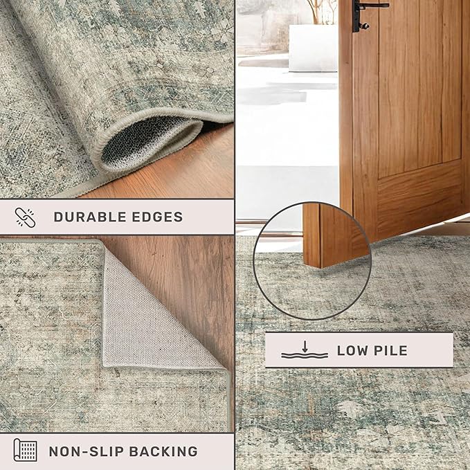 Washable Moss Green 9x12 Rug for Living Room -Modern Large Rug for Bedroom, Dining Room Under Table, Non Slip &Soft Low Pile Farmhouse Carpet