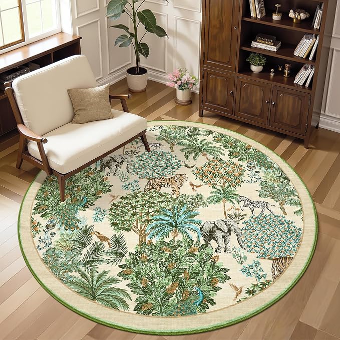 GarveeHome Jungle Round Washable Rugs 4ft Non-Slip Soft Round Rug - Image 2