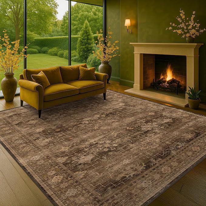 Brown Rug for Living Room 10x12 - Large Vintage Western Eclectic Unique Neutral Taupe, Washable Low Pile Non-Slip Area Rug for Dining Under Table, Bedroom Under Bed, Home Office