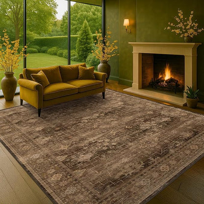 Brown Rug for Living Room 10x12 - Large Vintage Western Eclectic Unique Neutral Taupe, Washable Low Pile Non-Slip Area Rug for Dining Under Table, Bedroom Under Bed, Home Office
