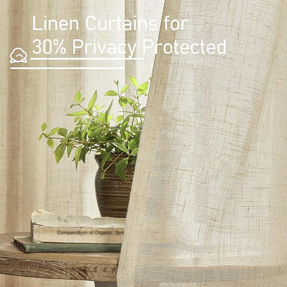 LAMIT 96 inch Linen Curtains for Bedoom, Light Filtering Semi Sheer Panels Back Tab and Rod Pocket Floor to Ceiling Curtains for Living Room, 2 Panels Set, Linen, 52 x 96 Inch
